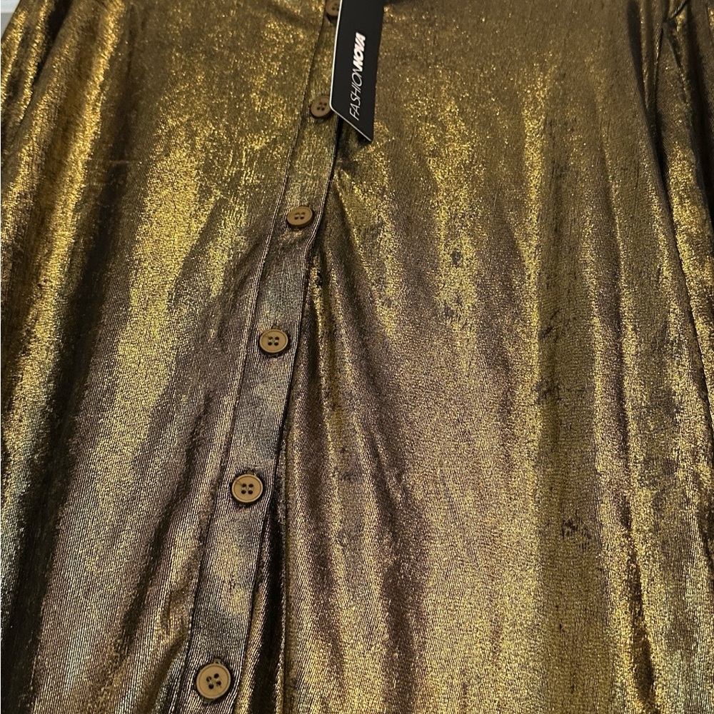 FASHION NOVA XS Metallic Gold Wide-Leg Pants - Women's Jumpsuit Bottoms - Picture 3 of 11
